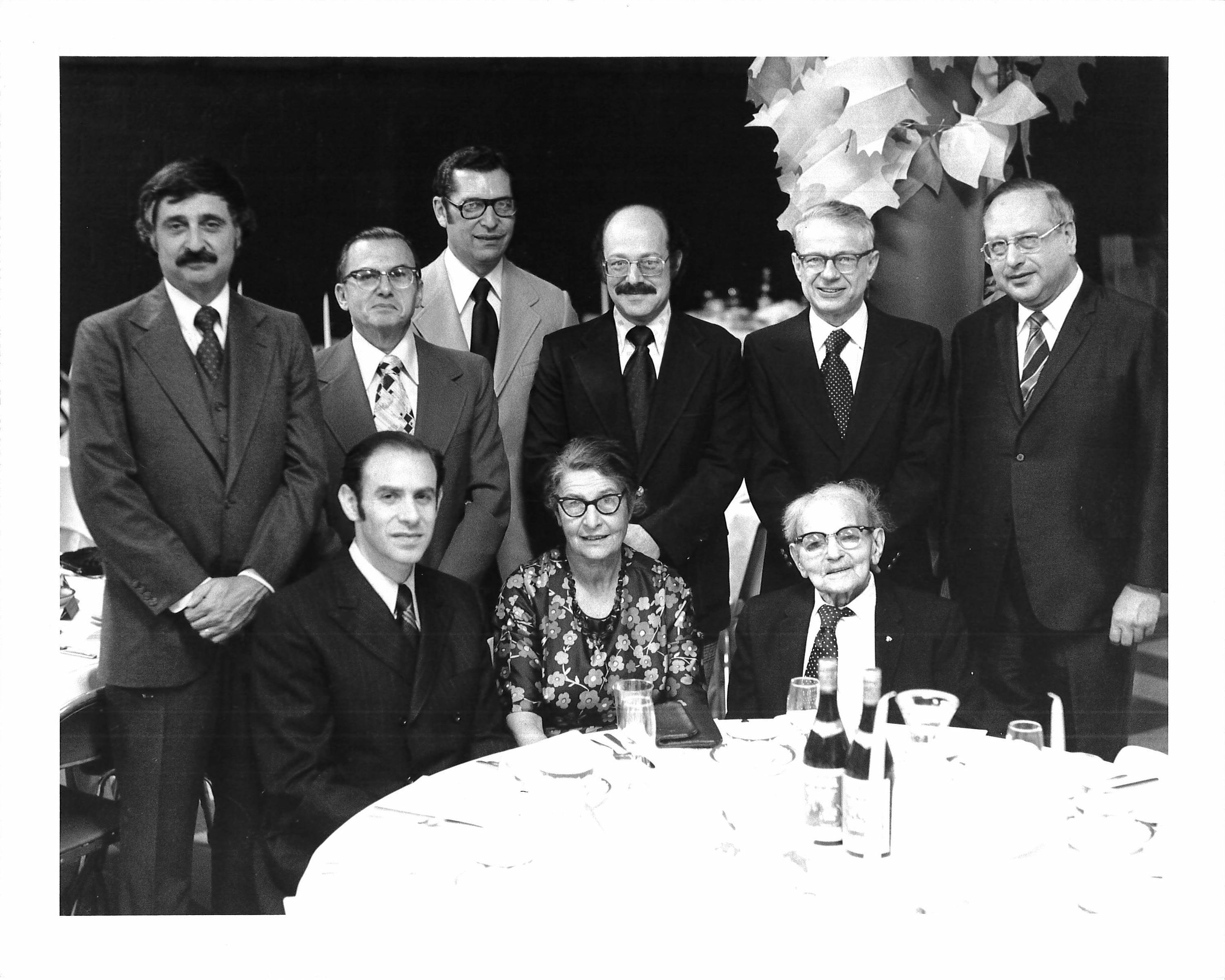 Presidents of Beth Israel. Back row, left to right: Jarvis Franzblau (1960-61), Henry Gershowitz (1970, 1994-95), Morris Friedman (1959), Saul Hymans (1969), Marty Sichel (1966), Paul Pressel (1967-68). Front row: Eduardo Schteingart (1974-78), Gerda Seligson (1971-73), Osias Zwerdling (1918-58).